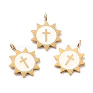 Ion Plating(IP) 316 Surgical Stainless Steel Pendants, Enamel, Sun with Cross, Golden, White, 14x11x3mm, Hole: 1.8mm(STAS-D450-10G)