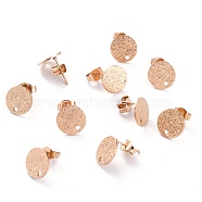 Ion Plating(IP) 304 Stainless Steel Stud Earring Findings, Textured Flat Round, Rose Gold, 10x1mm, Hole: 1.4mm, Pin: 0.8mm(STAS-O144-01B-RG)