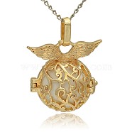 Golden Tone Brass Hollow Round Cage Pendants, with No Hole Spray Painted Brass Ball Beads, White, 26x26x19mm, Hole: 3x8mm(KK-J230-09G)
