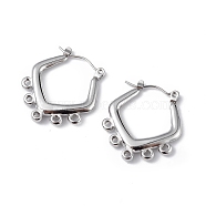 304 Stainless Steel Hoop Earrings Finding, with Horizontal Loops, Rhombus, Stainless Steel Color, 24.5x21.5x3mm, Hole: 1.4mm, Pin: 0.5mm(EJEW-I284-18P)