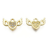 Rack Plating Alloy Charms, with Crystal Blue Rhinestone, Cadmium Free & Nickel Free & Lead Free, Heart with Wing, Light Gold, 10x15x2mm, Hole: 1.5mm(PALLOY-N155-174)
