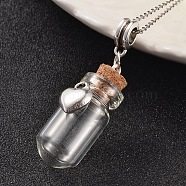 Glass Bottle European Dangle Charms, with Alloy Heart Charm and Iron Findings, Wooden Bungs, Antique Silver, 34x13mm, Hole: 4.5mm, Capacity: 3.5ml(0.11 fl. oz)(PALLOY-JF00110)