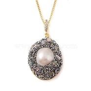 Brass Natural Pearl Pendant Necklaces, Rhinestone & Paua Shell Pendant Necklaces, Real 14K Gold Plated, 15.87 inch(40.3cm)(NJEW-L119-04G)