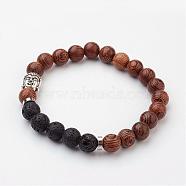 Wood Beaded Stretch Bracelets, with Natural Lava Rock Beads, Brass Spacer Beads and Alloy Buddha Head Bead, 2-1/8 inch(53mm)(BJEW-JB03049-01)