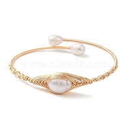 Natural Pearl Beaded Cuff Bangles, Golden Copper Wire Wrapped Bangle, Rice, Inner Diameter: 2-1/8 inch(5.5cm)(BJEW-JB10120-01)