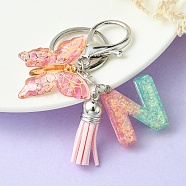 Resin & Acrylic Keychains, with Alloy Split Key Rings and Faux Suede Tassel Pendants, Letter & Butterfly, Letter N, 8.6cm(KEYC-YW00002-14)