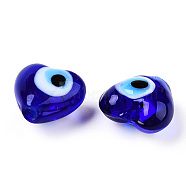 Handmade Lampwork Beads, Heart with Evil Eye, Dark Blue, 12x12x8mm, Hole: 1.5mm(LAMP-T021-07A)