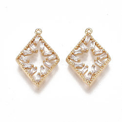 Brass Cubic Zirconia Pendants, Nickel Free, Real 18K Gold Plated, Rhombus, Clear, 15.5x10.5x2mm, Hole: 0.7mm(KK-T038-369G)