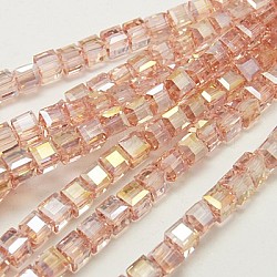 Electroplate Glass Beads Strands, AB Color Plated, Faceted, Cube, Misty Rose, 7~8x7~8x7~8mm, Hole: 1.5mm, about 97~100pcs/strand, 70~71cm(EGLA-D018-8x8mm-69)