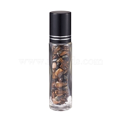 Glass Roller Ball Bottles, Essential Oil Refillable Bottle, with Tiger Eye Chip Beads, for Personal Care, 85x20mm, Beads: 3x11~3x7mm, Capacity: 10ml(AJEW-P073-A07)
