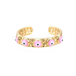 Real 18K Gold Plated Brass Open Cuff Ring with Enamel Evil Eye for Women, Nickel Free, Pink, US Size 8(18.1mm)(RJEW-Q166-02F)