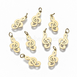 304 Stainless Steel Charms, Laser Cut, with Jump Ring, Musical Note, Real 14K Gold Plated, 12x6x0.5mm, Jump Ring: 3x0.4mm, 2.2mm inner diameter(STAS-S116-067G)