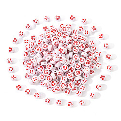 White Opaque Acrylic Beads, Flat Round with Expression, FireBrick, 7x4mm, Hole: 1.6mm, 200pcs/set(MACR-YW0001-20D)