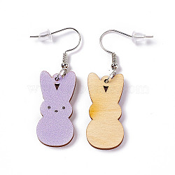 Rabbit Wooden Dangle Earrings, Platinum Tone Iron Earring with Ear Nut for Women, Plum, 52mm, Pin: 0.7mm, Pendant: 31x14.5x2.7mm(EJEW-D189-01F)
