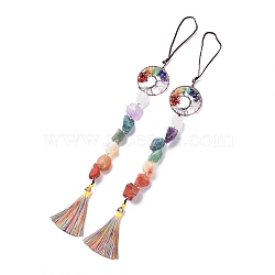 Natural Gemstone Big Pendant Decorations, with Brass Findings and Nylon Tassel, Tree of Life, Chakra, 400x50mm(HJEW-F012-01)