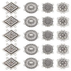 40Pcs 4 Style Tibetan Style Alloy Multi Strand Links, Flower & Rhombus & Oval, Antique Silver, 26.5~43x27~31x4~6.5mm, Hole: 1.6~2mm, 10 pcs/style(FIND-SC0003-64)