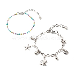 Starfish & Tortoise & Cowrie Shell Shape 304 Stainless Steel Charm Bracelets Set for Girl Women, Enamel Beads Bracelet, Stainless Steel Color, 9-1/4 inch(23.5cm), 7 inch(17.7cm), 2pcs/set(BJEW-JB06984)