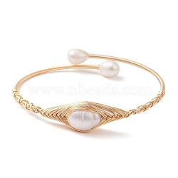 Natural Pearl Beaded Cuff Bangles, Golden Copper Wire Wrapped Bangle, Rice, Inner Diameter: 2-1/8 inch(5.5cm)(BJEW-JB10120-01)