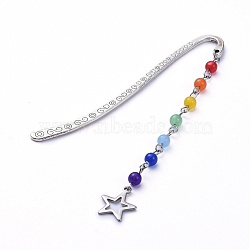 Chakra Theme, Tibetan Style Alloy Bookmarks, with Natural & Dyed Malaysia Jade Beads and 304 Stainless Steel Pendants, Star, Colorful, Pendants: about 86x12.5x4.5mm, 84x4.5x1.3mm(AJEW-JK00160-04)