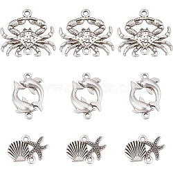 18Pcs 3 Styles Tibetan Style Alloy Connector Charms, Ocean Theme, Shell & Starfish, Crab, Dolphin , Antique Silver, 14~23x13.5~24.5x2.5~3mm, Hole: 1.5~1.8mm, 6pcs/style(TIBE-BC0001-01)