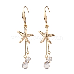 Starfish/Sea Stars 304 Stainless Steel Dangle Earring, Shell Pearl & Transparent Glass Beads Long Drop Earrings for Women, Golden, 75mm, Pin: 0.7mm(X-EJEW-TA00037)