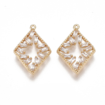 Brass Cubic Zirconia Pendants, Nickel Free, Real 18K Gold Plated, Rhombus, Clear, 15.5x10.5x2mm, Hole: 0.7mm