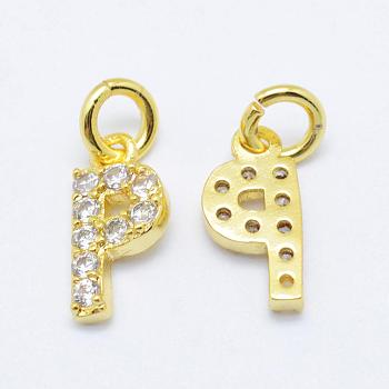 Brass Micro Pave Grade AAA Cubic Zirconia Charms, Letter P, Cadmium Free & Nickel Free & Lead Free, Real 18K Gold Plated, 9x4.5x1.5mm, Hole: 2mm