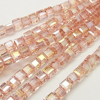 Electroplate Glass Beads Strands, AB Color Plated, Faceted, Cube, Misty Rose, 7~8x7~8x7~8mm, Hole: 1mm
