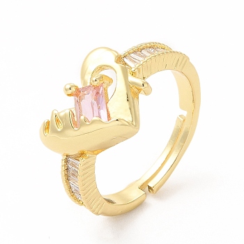 Pink Cubic Zirconia Heart Adjustable Ring, Brass Jewelry for Women, Golden, Inner Diameter: 18mm