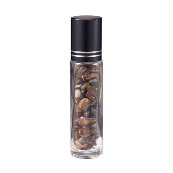 Glass Roller Ball Bottles, Essential Oil Refillable Bottle, with Tiger Eye Chip Beads, for Personal Care, 85x20mm, Beads: 3x11~3x7mm, Capacity: 10ml