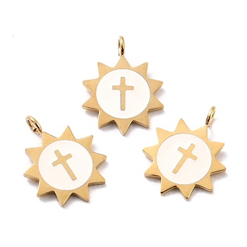Ion Plating(IP) 316 Surgical Stainless Steel Pendants, Enamel, Sun with Cross, Golden, White, 14x11x3mm, Hole: 1.8mm