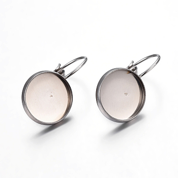 304 Stainless Steel Leverback Earring Settings, Flat Round, Stainless Steel Color, Tray: 12mm, 21~25x14x11~14mm, Pin: 0.7mm