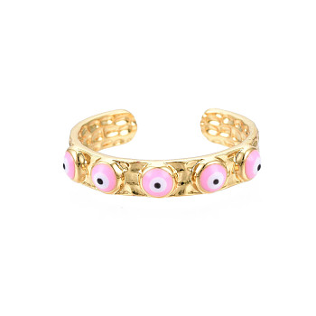Real 18K Gold Plated Brass Open Cuff Ring with Enamel Evil Eye for Women, Nickel Free, Pink, US Size 8(18.1mm)