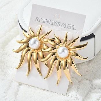 304 Stainless Steel Stud Earrings, with Plastic Imitation Pearl, Flower, Real 18K Gold Plated, 55.5x54mm