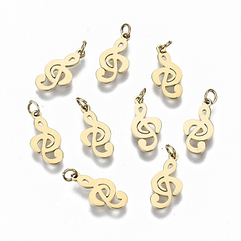 304 Stainless Steel Charms, Laser Cut, with Jump Ring, Musical Note, Real 14K Gold Plated, 12x6x0.5mm, Jump Ring: 3x0.4mm, 2.2mm inner diameter