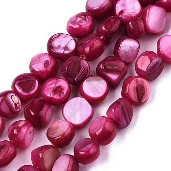 Natural Freshwater Shell Beads Strands, Dyed, Nuggets, Camellia, 6~7x5~7x2~7mm, Hole: 0.8mm, about 58~62pcs/strand, 14.57~15.35 inch (37~39cm)