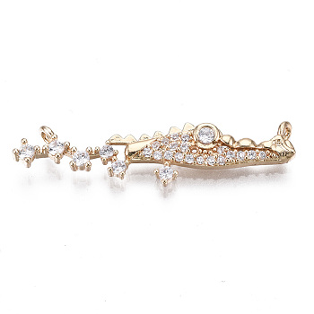 Brass Micro Pave Clear Cubic Zirconia Links Connectors, Long-Lasting Plated, Cadmium Free & Lead Free, Crocodile Shape, Light Gold, 8x33x2.5mm, Hole: 1.2mm