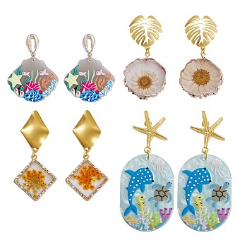 4 Pairs 4 Styles Epoxy Resin(with Dried Flower inside) & Cellulose Acetate(Resin) Dangle Stud Earring Sets, with Metal Earring Findings and Ear Nuts, Mixed Shapes, Golden, Mixed Color, 1 pair/style