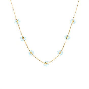 Real 18K Gold Plated Stainless Steel Flower Beaded Pendant Necklaces for Women, Light Sky Blue, 17.72 inch(45cm)