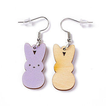 Rabbit Wooden Dangle Earrings, Platinum Tone Iron Earring with Ear Nut for Women, Plum, 52mm, Pin: 0.7mm, Pendant: 31x14.5x2.7mm