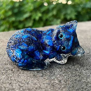 Resin Sleeping Cat Display Decoration, with Natural Kyanite Chips inside Statues for Home Office Decorations, 75x52x40mm