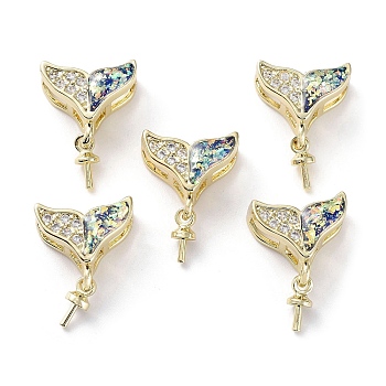 Whale Tail Shape Brass Micro Pave Cubic Zirconia Cup Peg Bails, with Synthetic Opal, Cadmium Free & Lead Free, Long-Lasting Plated, Real 18K Gold Plated, 15x11x5.5mm, Hole: 4x2.5mm, Pin: 0.7mm
