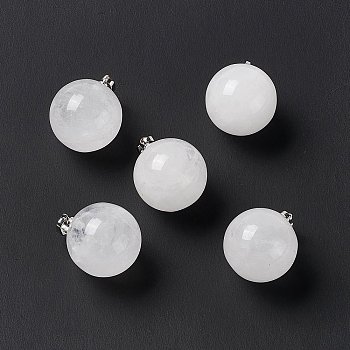 Natural Quartz Crystal Pendants, Rock Crystal Pendants, with Platinum Tone Brass Findings, Round Charm, 22x18mm, Hole: 3x6mm