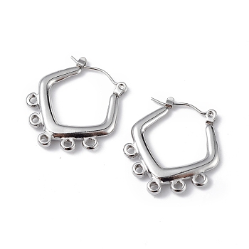 304 Stainless Steel Hoop Earrings Finding, with Horizontal Loops, Rhombus, Stainless Steel Color, 24.5x21.5x3mm, Hole: 1.4mm, Pin: 0.5mm