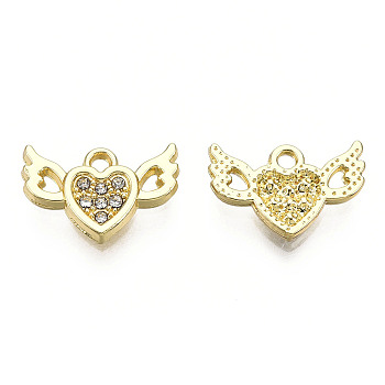 Rack Plating Alloy Charms, with Crystal Blue Rhinestone, Cadmium Free & Nickel Free & Lead Free, Heart with Wing, Light Gold, 10x15x2mm, Hole: 1.5mm
