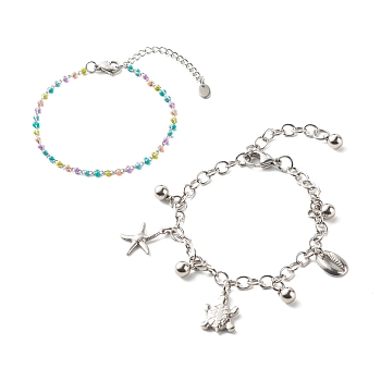 Starfish & Tortoise & Cowrie Shell Shape 304 Stainless Steel Charm Bracelets Set for Girl Women, Enamel Beads Bracelet, Stainless Steel Color, 9-1/4 inch(23.5cm), 7 inch(17.7cm), 2pcs/set
