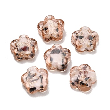 Handmade Gold Sand Lampwork Beads, Plum Blossom with Leopard Print, PeachPuff, 14.5~15x15~16x6~7.5mm, Hole: 1mm