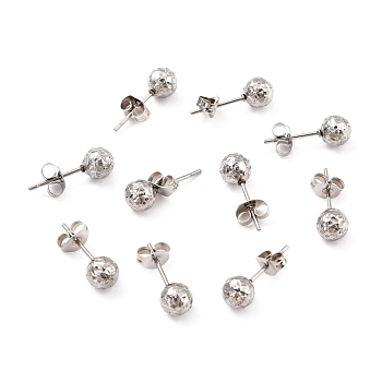 304 Stainless Steel Stud Earring Findings, with Ear Nuts, Textured Round, Stainless Steel Color, 17x6mm, Pin: 0.7mm