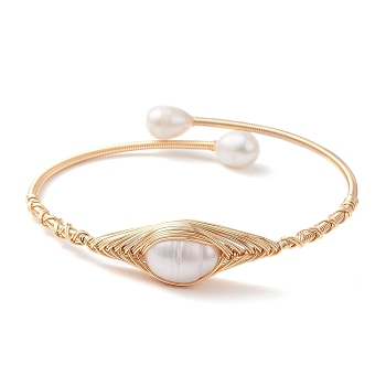 Natural Pearl Beaded Cuff Bangles, Golden Copper Wire Wrapped Bangle, Rice, Inner Diameter: 2-1/8 inch(5.5cm)