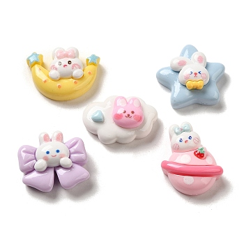Opaque Cartoon Resin Decoden Cabochons, Rabbit with Moon & Star & Cloud, Mixed Shapes, Mixed Color, 14.5~21x17~21x5~7.5mm